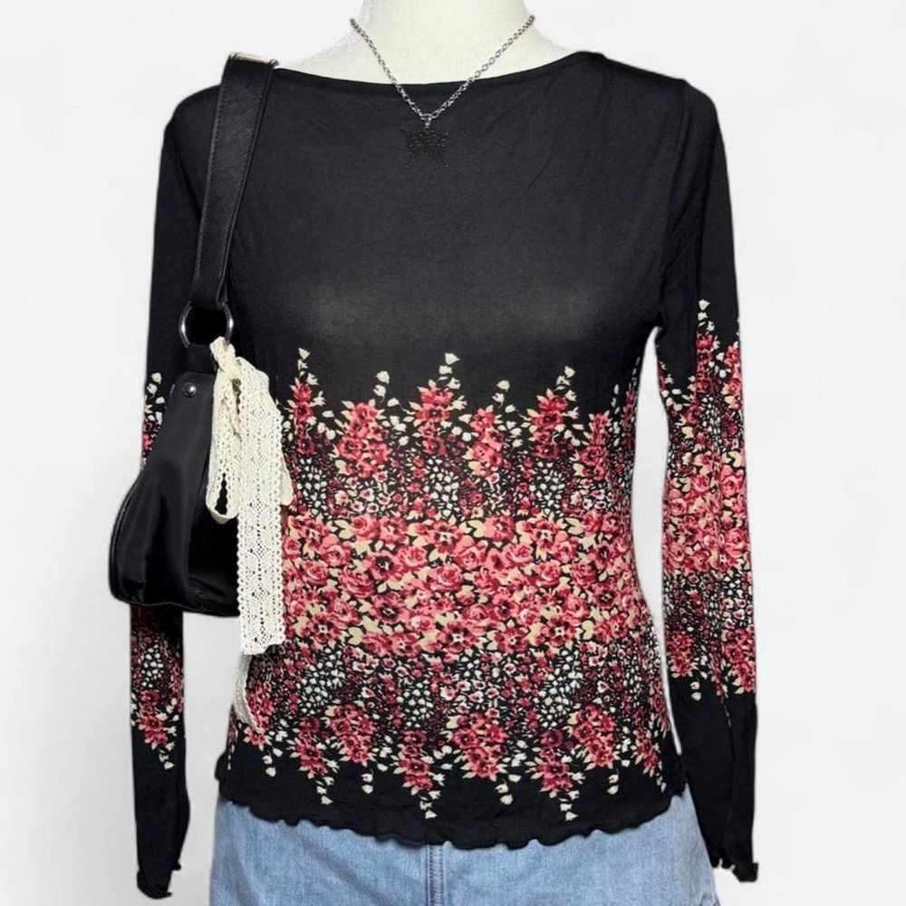 Kasper Vintage Whimsygoth Fairy Sheer Mesh Floral Long Sleeve Top Black Pink M